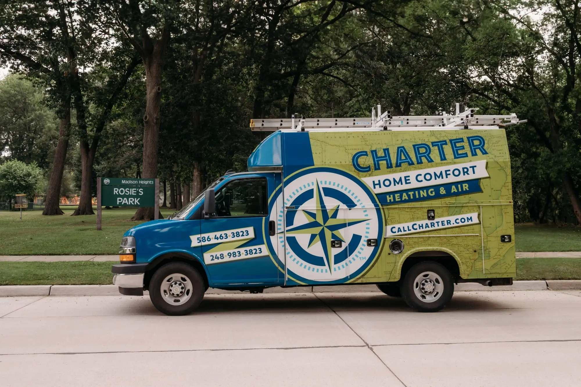 Charter Home comfort van Parked at Rosie's Park in Madison Heights Michigan