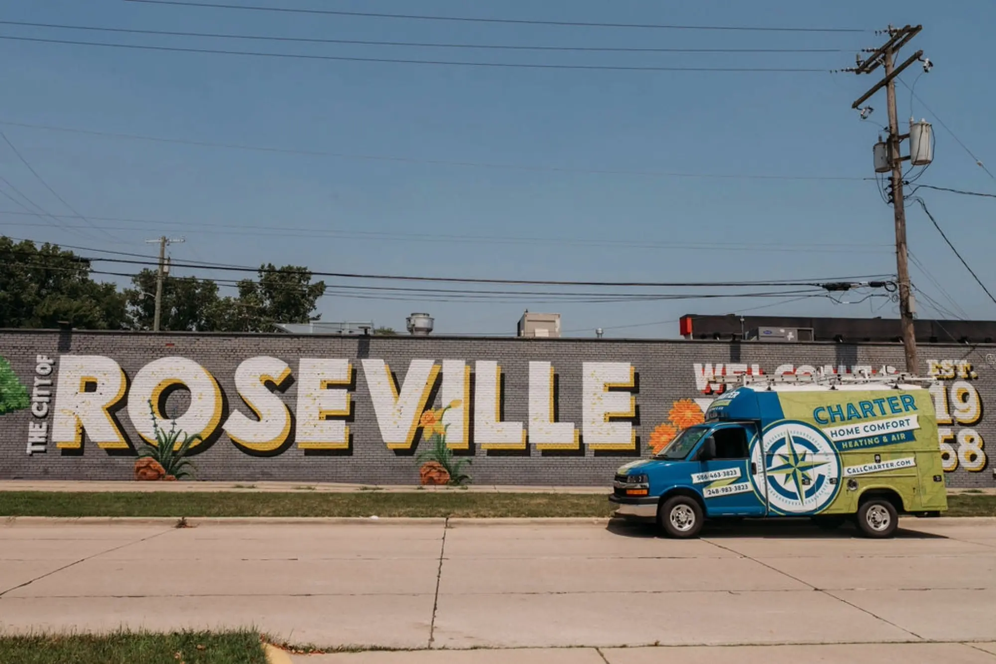 Charter Home Comfort Van Parked in front of a Mural in Roseville